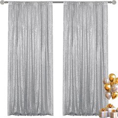 Silver Sequin Backdrop Curtain 2 Pieces 2FTx8FT Glitter Photography Backdrop for