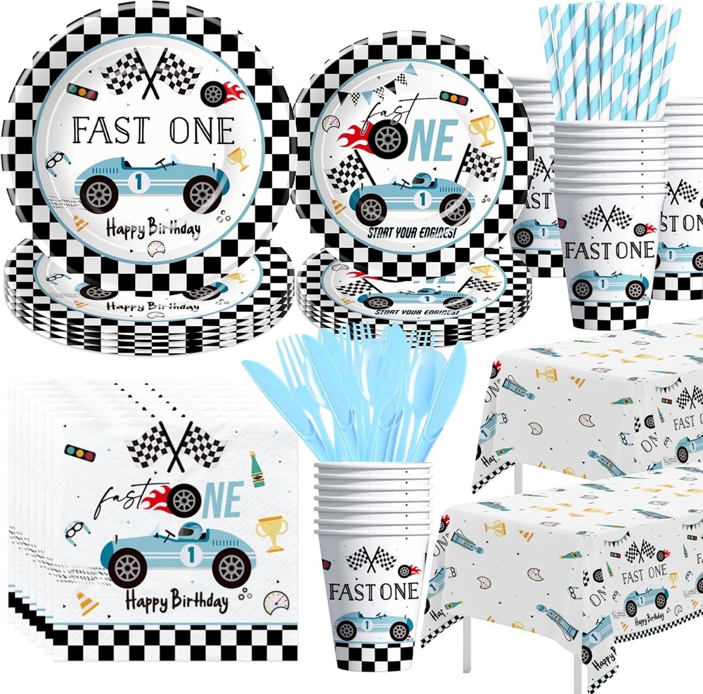 Fast One Birthday Decorations For Boys Tableware – Blue Race Car 1st Birthday Pa
