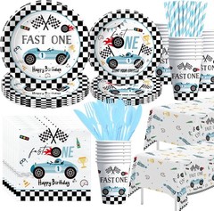 Fast One Birthday Decorations For Boys Tableware – Blue Race Car 1st Birthday Pa