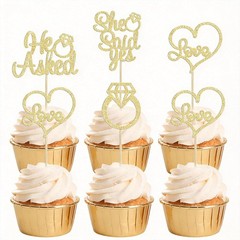 He Asked She Said Yes Cupcake Toppers Gold Glitter Diamond Ring Heart Love Ca…