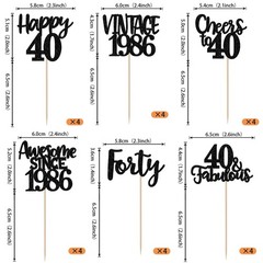 Rsstarxi 24 Pack Vintage 1986 Cupcake Toppers Black Glitter Happy 40th Birthd…
