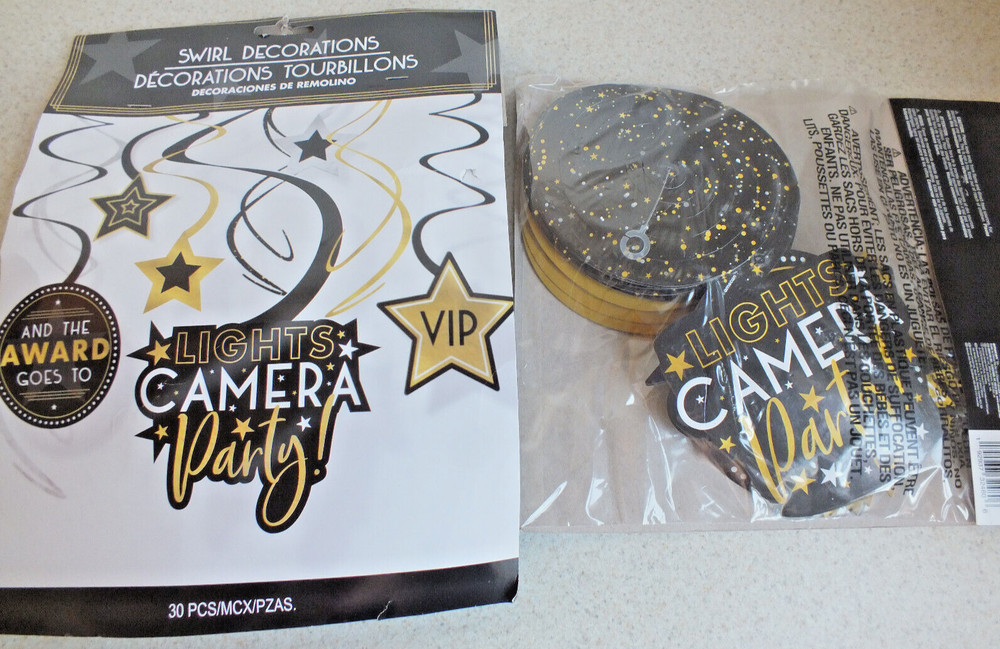 gold black hanging SWIRL party decorations stars 30 pcs sealed VIP Award camera