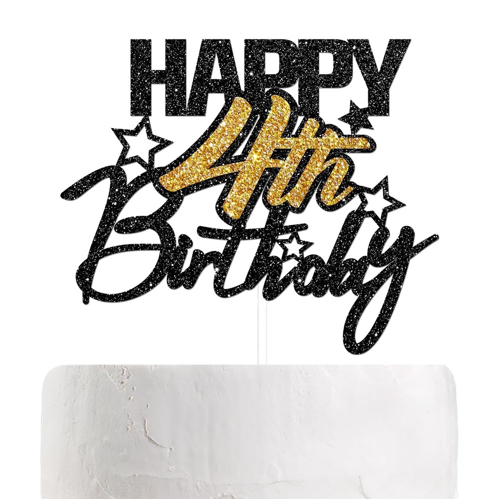 Happy 4th Birthday Cake Topper Black Gold Glitter Boy Girl Kids Party Decor