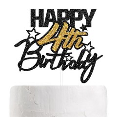 Happy 4th Birthday Cake Topper Black Gold Glitter Boy Girl Kids Party Decor