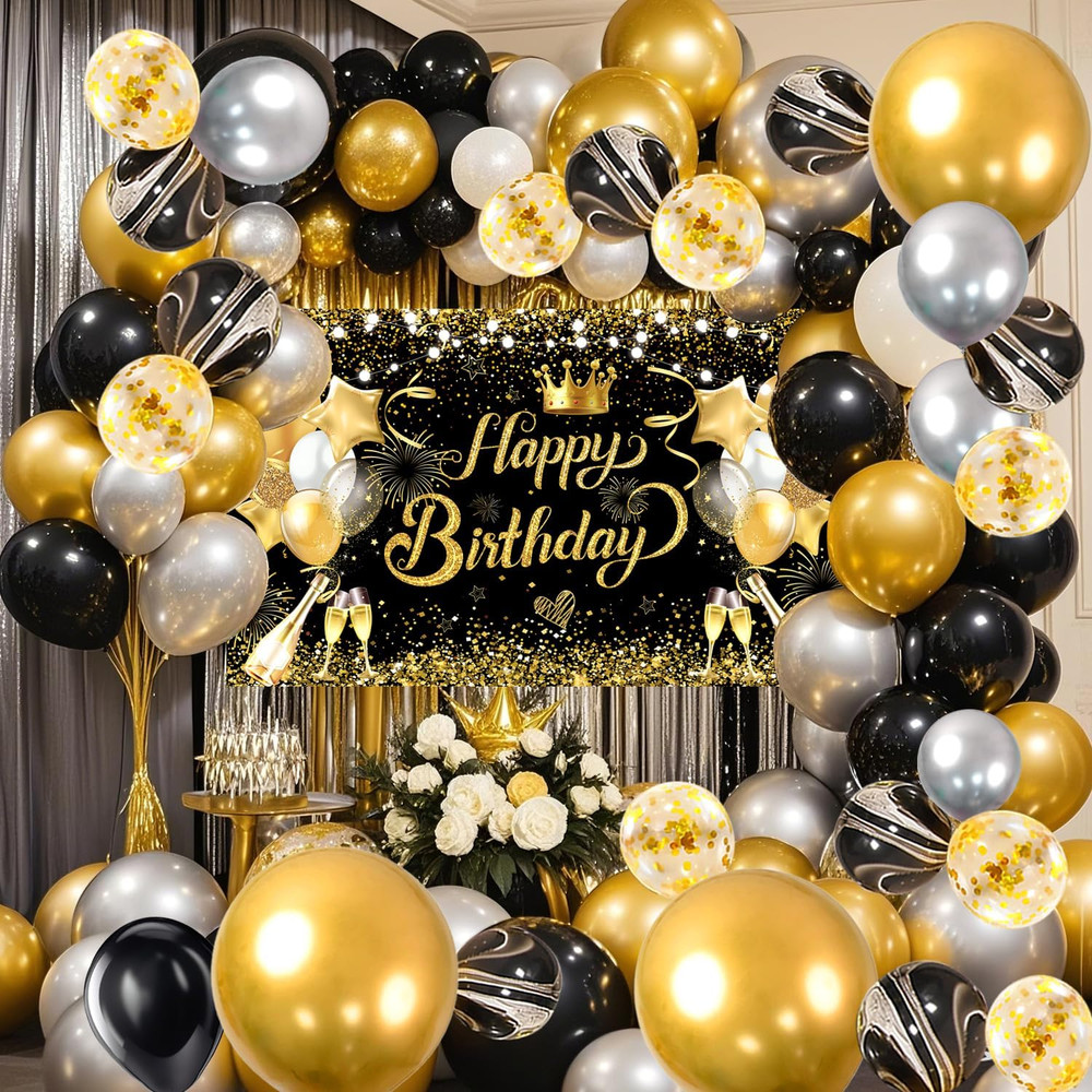 80 PCS Black Golden Happy Birthday Party Balloons Decorations Set with Photo Bac