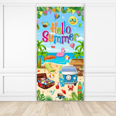 Hello Summer Decorations Tropical Beach Hawaiian Door Banner Cover 35.4″ X 70.8″