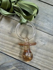 12 pcs baby shower pacifier necklaces amber color with sage green ribbon