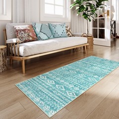 Lahome Boho Geometric Bathroom Runner Rug, 2×6 Teal 2′ x 6′, Teal/White