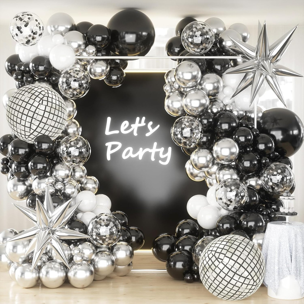 Black Silver Balloons Arch Garland Kit,Black Silver White Balloons Disco Balloon