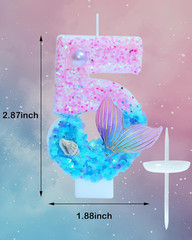 Mermaid Themed Birthday Candles, Number 5 Girls Glitter Birthday Party Supplies,