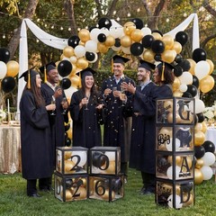 4 Pcs 2026 Graduation Balloon Boxes, Black & Gold Party Decorations with blessin