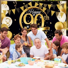 90th Birthday Party Decoration Extra Large Fabric Black Gold Sign Polyester