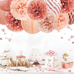 Rose Gold Party Decorations – 12PCS Pom Poms, Lanterns & Confetti Set
