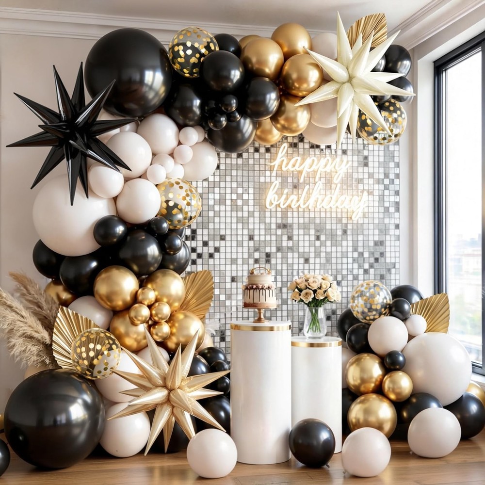 Black White Gold Balloons Arch Kit,Black Beige Sand White Chrome Gold Confett…