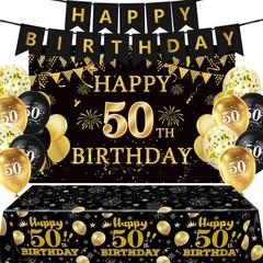 15 PCS Black Gold 50Th Birthday Party Decorations 50Th Happy Birthday Banner Bac