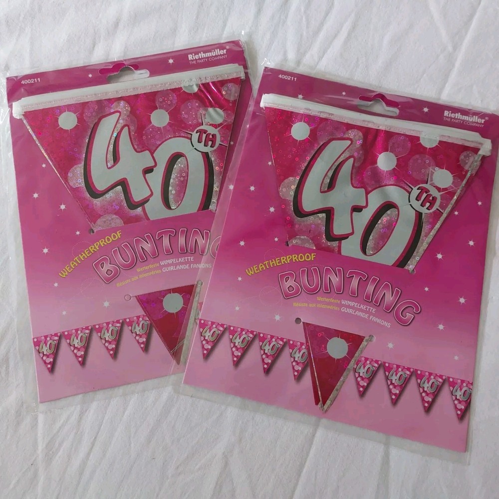 2 x 13ft Pink 40th Happy Birthday Bunting Triangle Flag Banner Party Decor