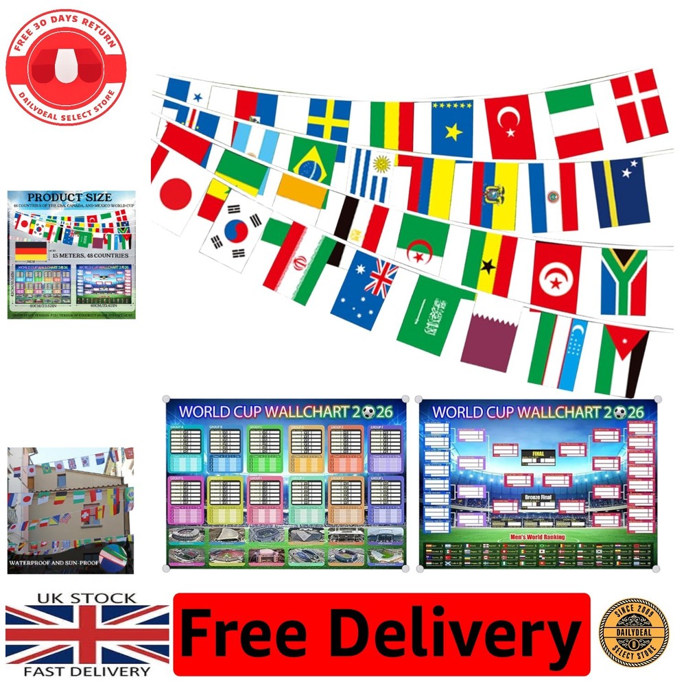 2Pcs World Cup Football 2026 Wall Chart A2 & 49ft/15m Flags Bunting for 2026 …