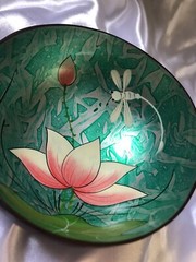 3 Coconut Shell Bowls Hand Painted Dragonflies Lotus Flower Gold Fish Luau Party