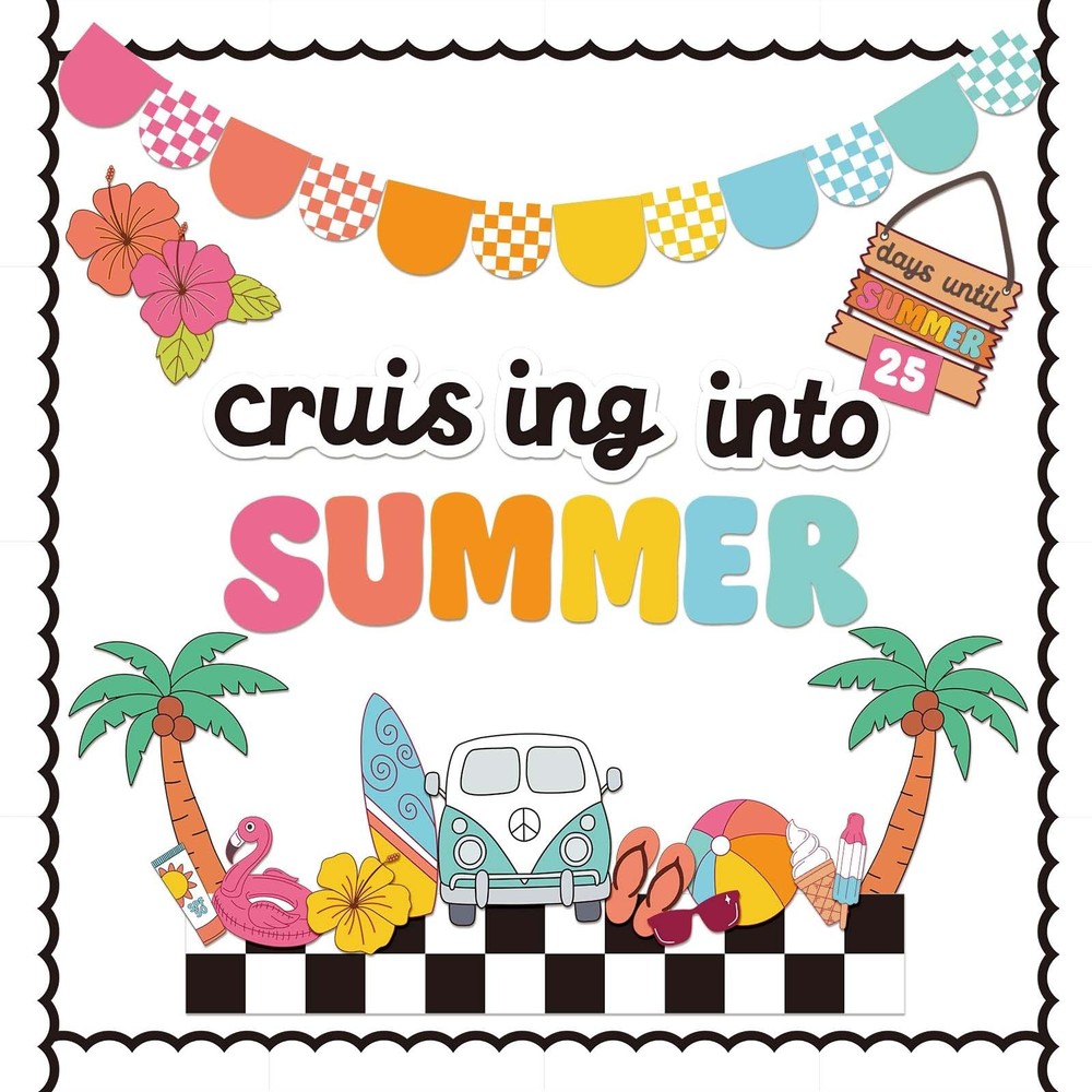 78Pcs Retro Summer Beach Bulletin Board Decor Set Groovy Hawaii Beach Paper C…