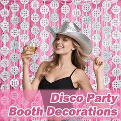 Disco Party Decorations Set – 2 Silver Tinsel Fringe Curtains & 2 Pink Backdrops