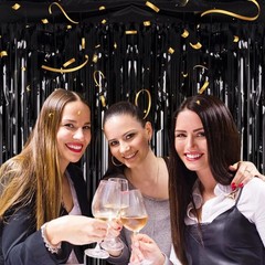 2 Pack 3.2ft x 8.2ft Black Tinsel Foil Fringe Curtains, Metallic Foil Tinsel