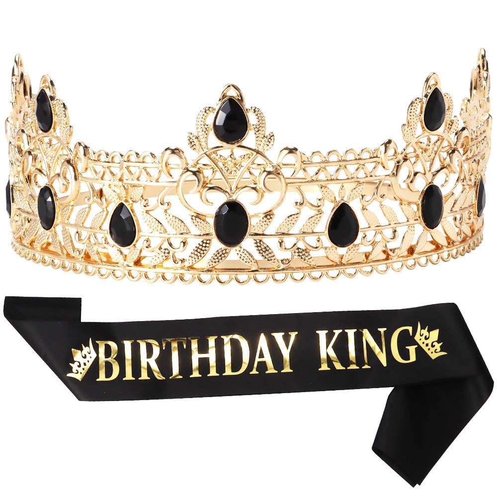 King Crown and Birthday Sash for Men, Gold Rhinestone Tiara Prince Black