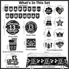 170pcs 13th Birthday Decorations for Boys Tableware Set, Black Themed 13th