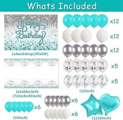 Happy Birthday Decorations – Teal & Silver Glitter Backdrop, Blue Balloons & …