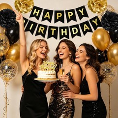 Birthday Decorations for Men Women, Black and Gold Party Decorations, Happy Birt