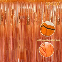 2 Pack 3.28 ft x 6.56 ft Orange Tinsel Curtain Party Backdrop Decorations, Me…