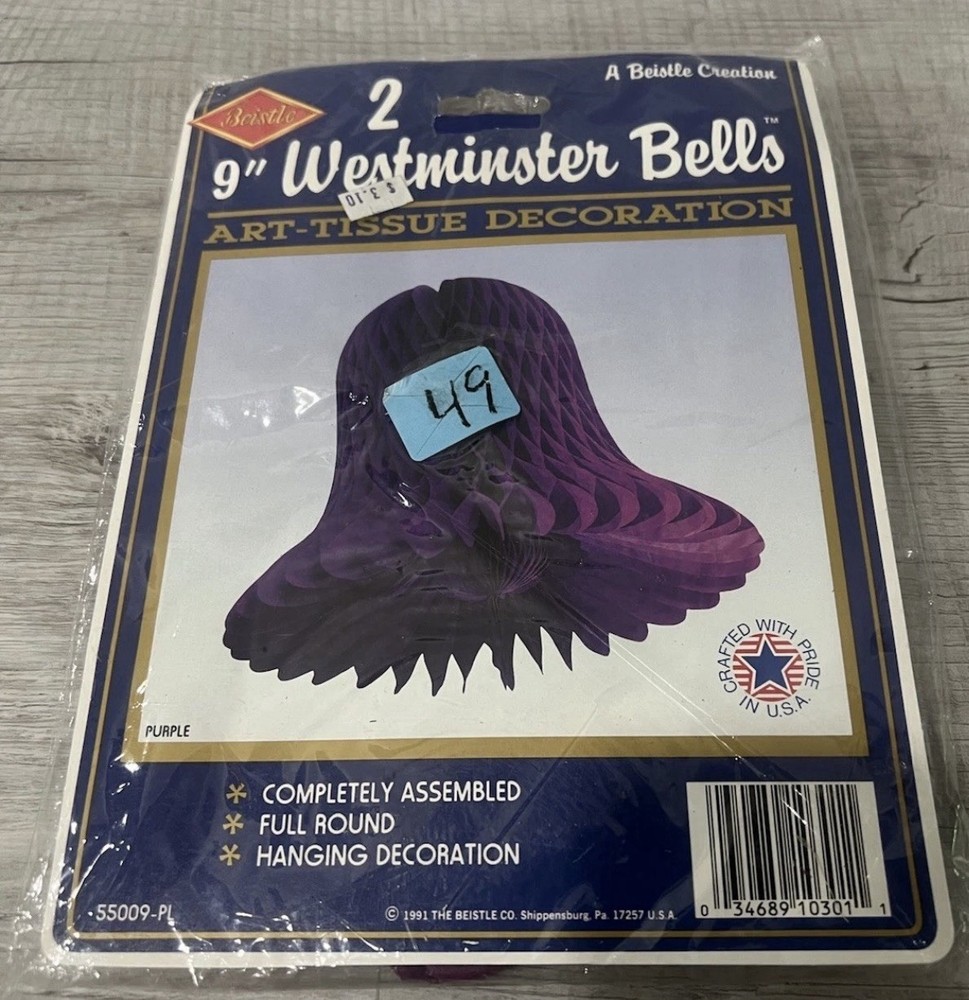 9″ Westminster Bells Art Tissue Decoration Purple Vintage Made In USA Rare Color