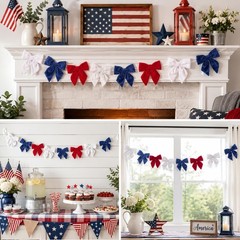 Independence Day Decorations – 6.5 Ft Red White Blue Velvet Bow Garland – Pat…