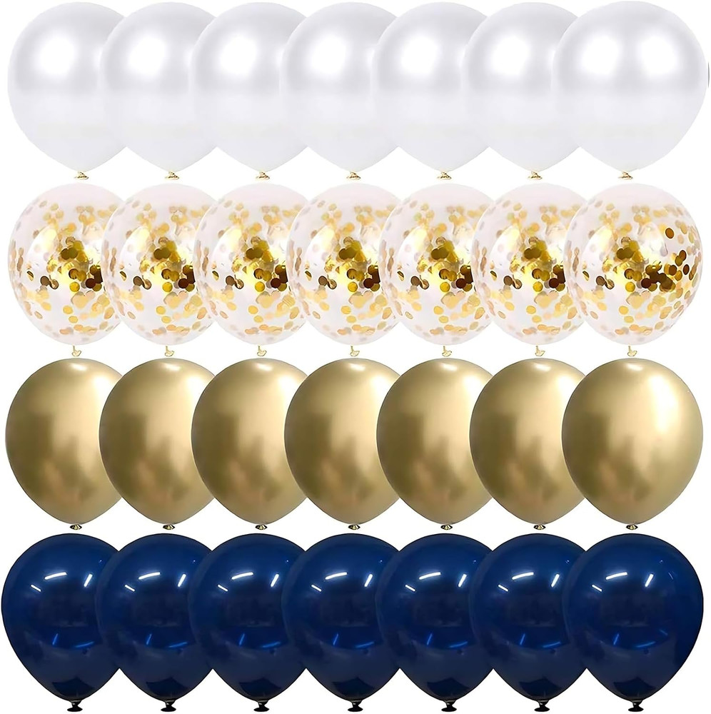 50 Pack Navy Blue Gold Confetti Balloons Pearl White & Metallic Chrome 12 Inch