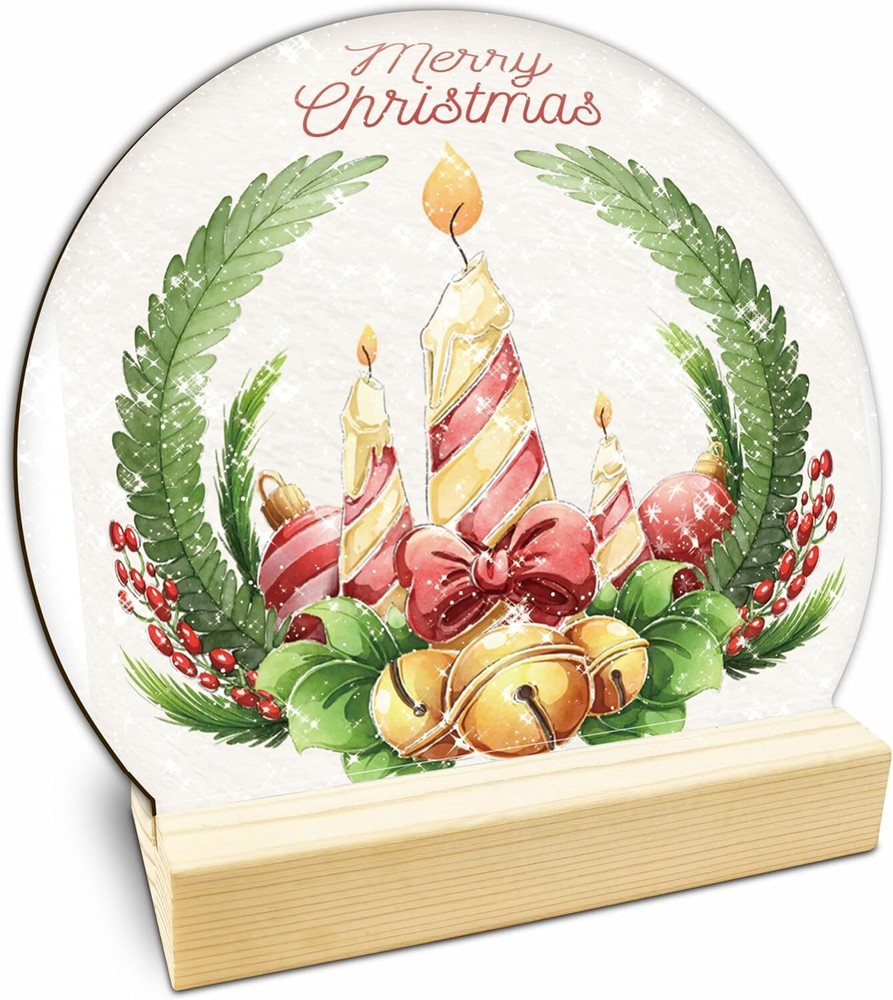 Christmas Candles Table Wooden Decor – Merry Christmas Crystal Ball Plaque With