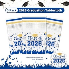 Graduation Decorations Class of 2026 Plastic Tablecloth 3 Pack 54×108 Inch Blue