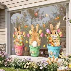 Easter Decorations Window Clings: Cute Little Bunny in the Potted Floral, Rust