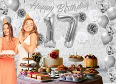 Silver & White 17th Birthday Decorations – 40″ Number Balloons &More-Boy or Girl