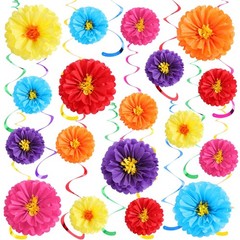 18 Pcs Mexican Fiesta Paper Flower with 24 Pcs Floral Hanging Swirls Set