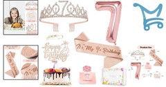 7th Birthday Decorations Girls Rose Gold Crown Sash Cake Topper Candles Balloons