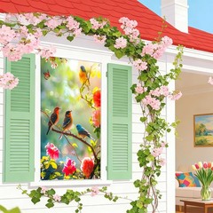 Spring Birds Window Banner 31.5 x 47 Inches Floral Bird Window Decorations Co…