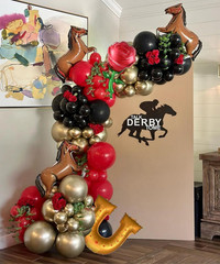 Derby Balloon Garland Arch Kt, 144Pcs Red Black Gold Balloons with Rose Horse Ho