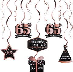 Happy 65th Birthday Decorations – 12Pcs Birthday Black & Rose Gold Swirls Stream