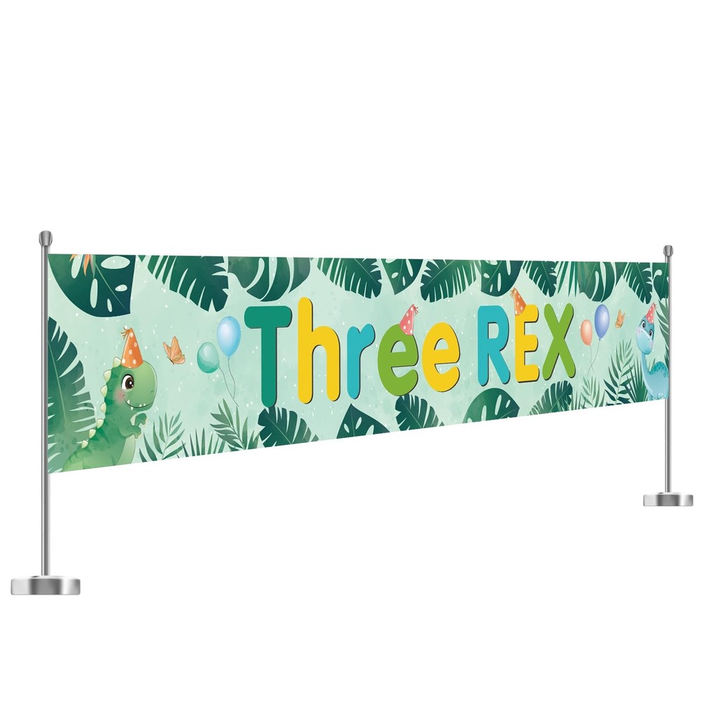 WeBenison Large Three Rex Banner/Dinosaur 3rd Birthday Garden Backdrop Banner/Ju