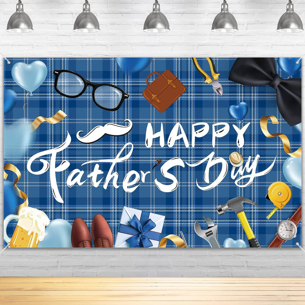 Happy Fathers Day Backdrop Decorations – 70.9X45.3Inch Large Size Blue Happy