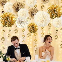 12 PCS Gold White Hanging Tissue Paper Pom Poms for Wedding Birthday Party