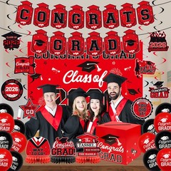 Red and Black Graduation Decorations 2026 – Grad Card Box, Congrats Grad Bann…