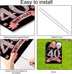 2Pcs Rose Gold 40th Birthday Yard Sign Decoration for Women,Happy 40th Birthday