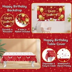 Red and Gold Birthday Decorations 72pcs Balloons Backdrop Table Cover – Party