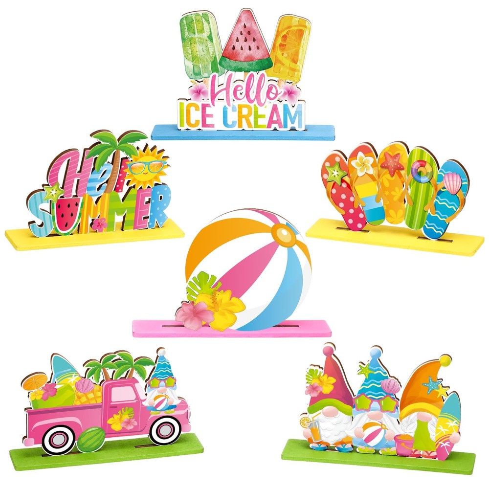 6 Pcs Hello Summer Table Decorations Sign Summer Gnome Wooden Table Centerpie…