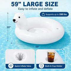 Inflatable Polar Bear Pool Float, Giant 59in Adult Size Inflatable Animal, Drop-